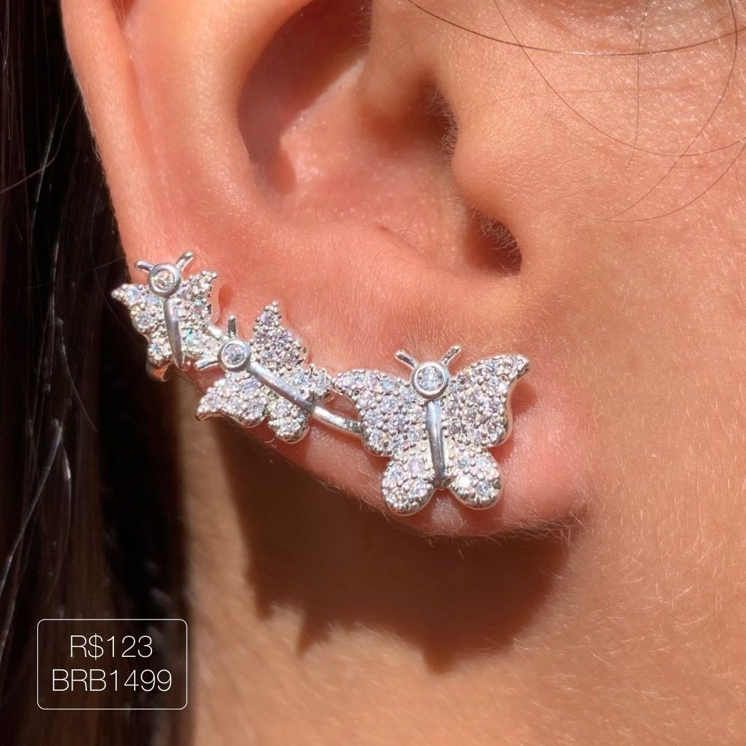Brinco Ear Cuff Borboletas Cristal Prateado